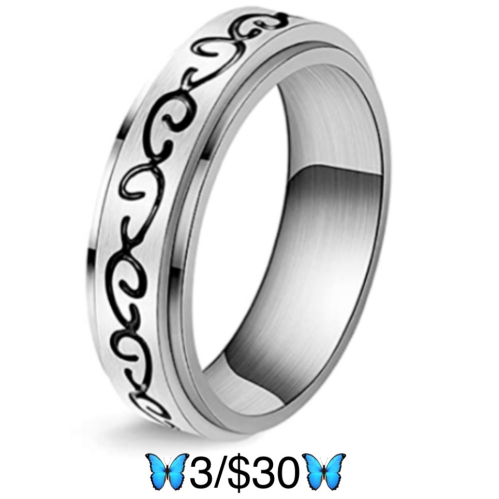 Stainless Steel Fidget Spinner Wave Pattern Silver Tone Band Ring, size 7